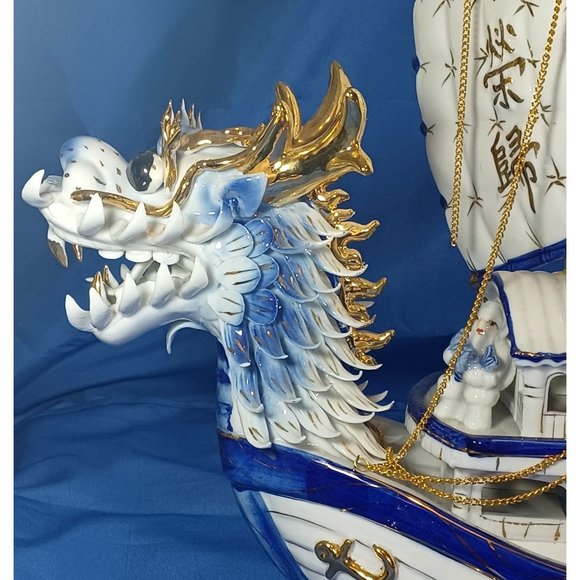 Chinese Porcelain Dragon Boat  Ship Lighted Sculpture TV  Lamp  24K Gold Vintage - Picture 5 of 16
